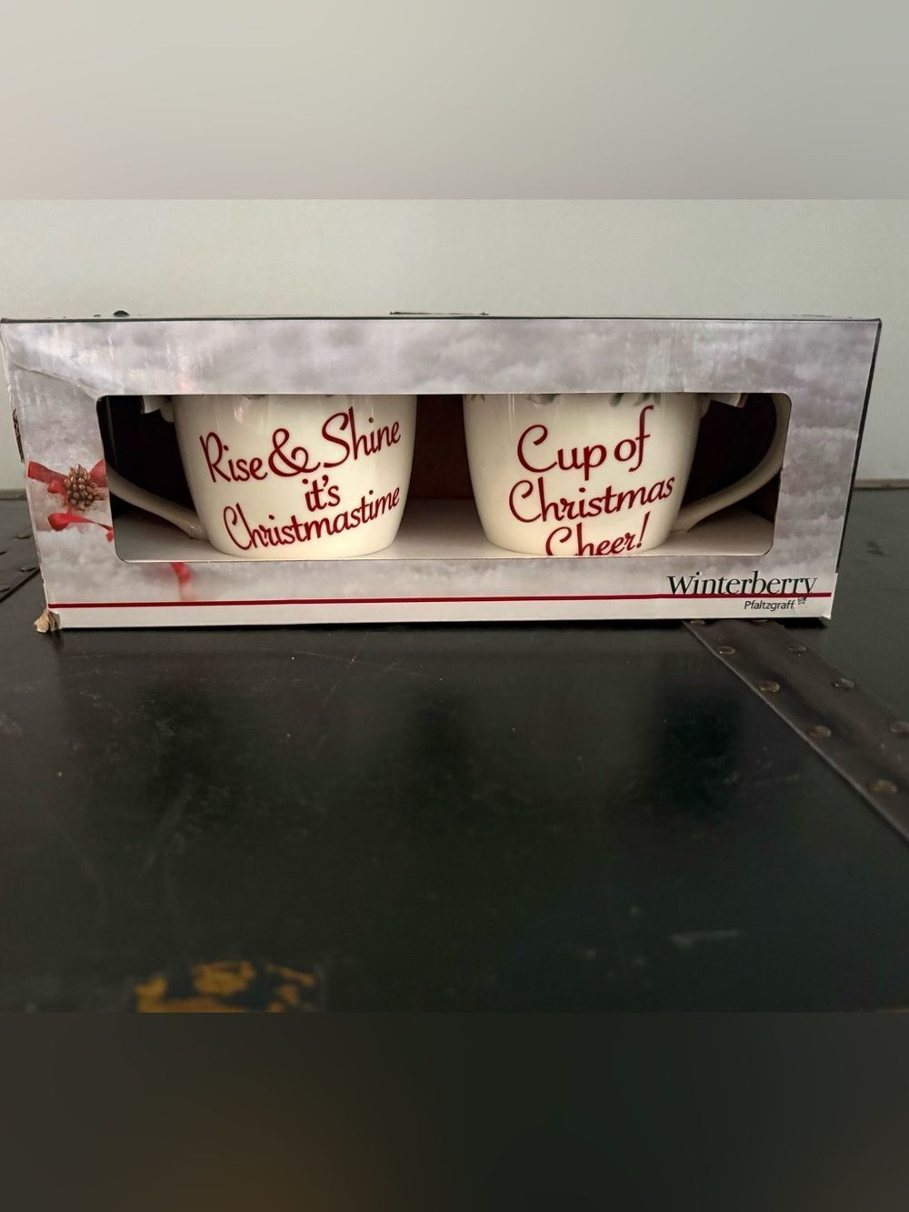 NIB Pfaltzgraff Winterberry 2 Piece Mug Set, 20oz "Rise & Shine, Cup of Cheer"